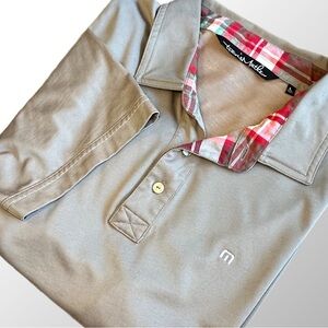 Travis Mathew Polo Men’s Large Gray w/ Red Plaid Trim Short Sleeve Golf Polo‎